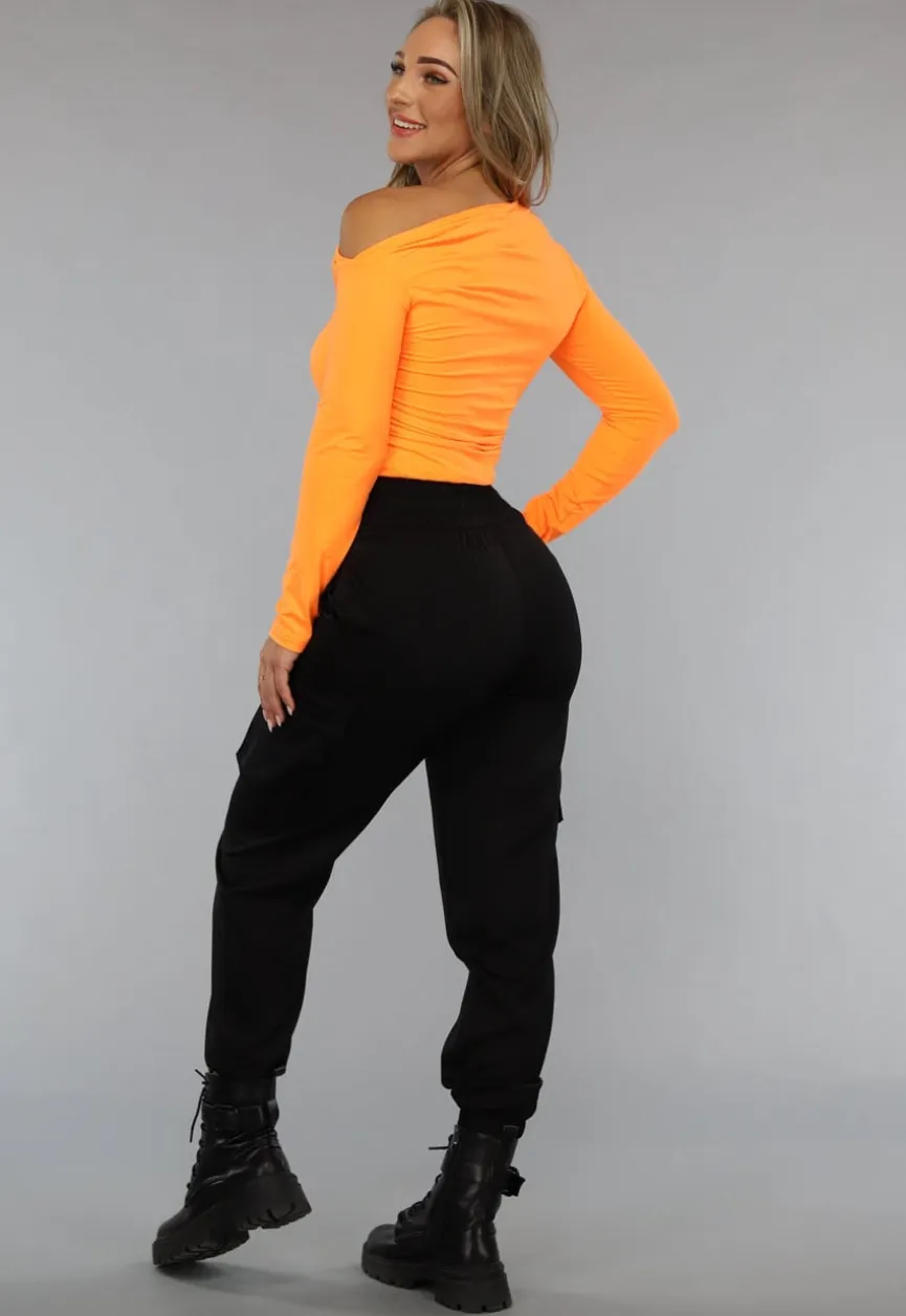 Oranje Longsleeve Top met Geplooid Effect