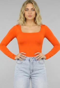 Oranje Longsleeve Top met Vierkante Hals