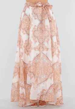 Oranje Maxi Rok met Paisley Print en Strikceintuur
