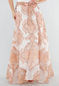 Oranje Maxi Rok met Paisley Print en Strikceintuur