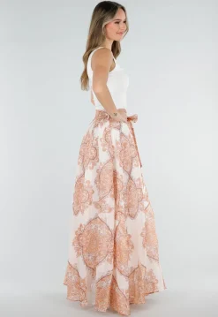 Oranje Maxi Rok met Paisley Print en Strikceintuur