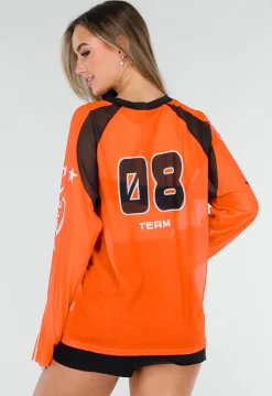 Oranje Mesh Jersey Top met Lange Mouwen