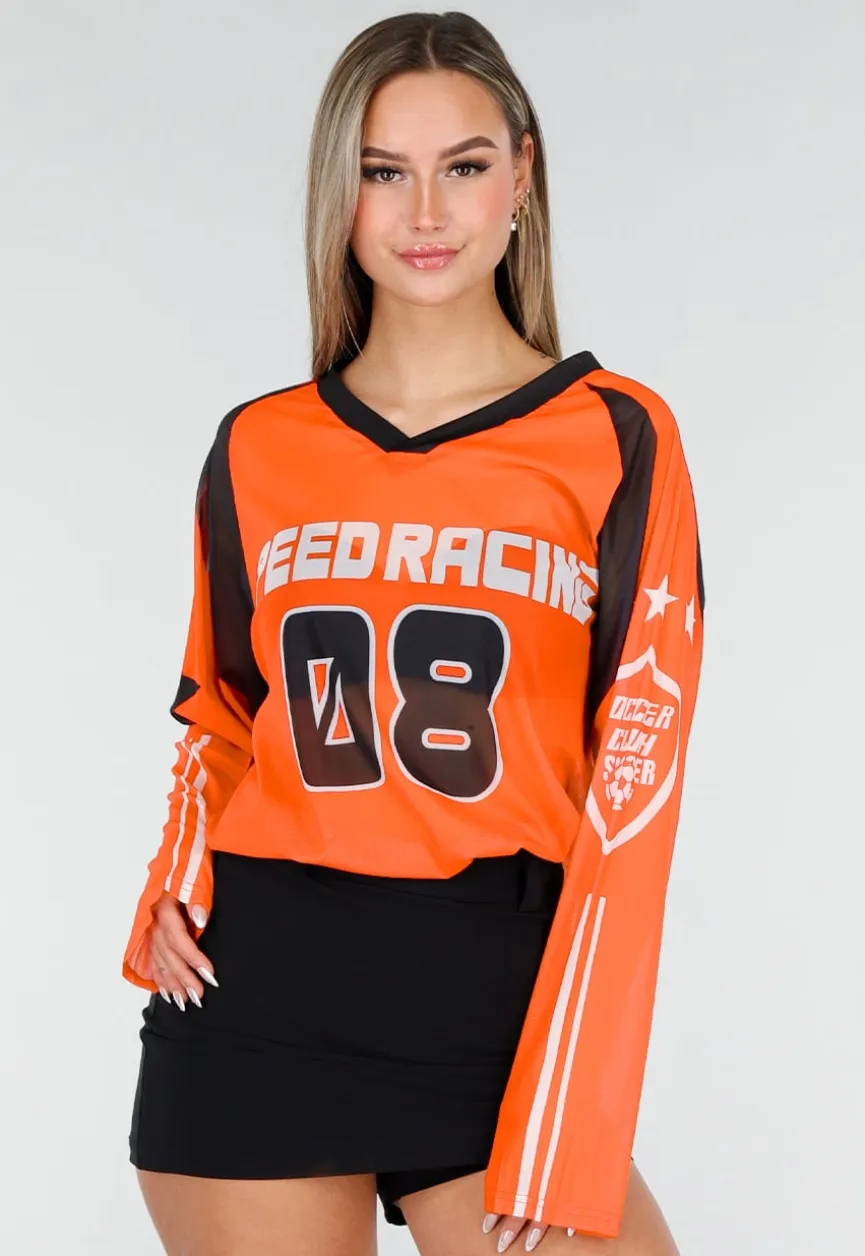 Oranje Mesh Jersey Top met Lange Mouwen