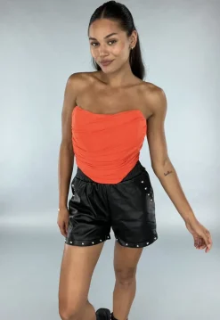 Oranje Mesh Korset Top met Gedrapeerd Detail