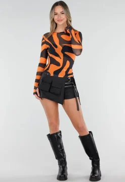 Oranje Mesh Top met Zebraprint en Lange Mouwen