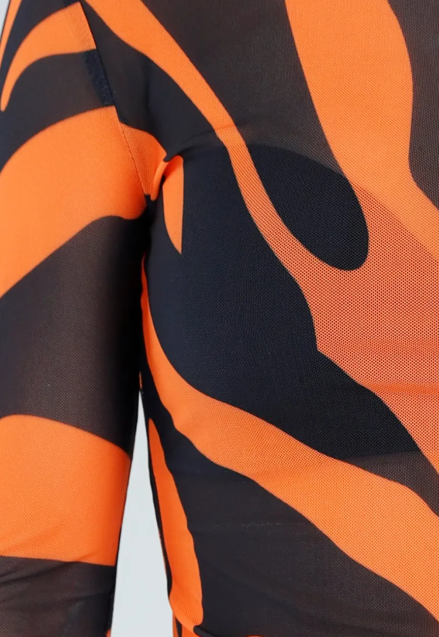 Oranje Mesh Top met Zebraprint en Lange Mouwen