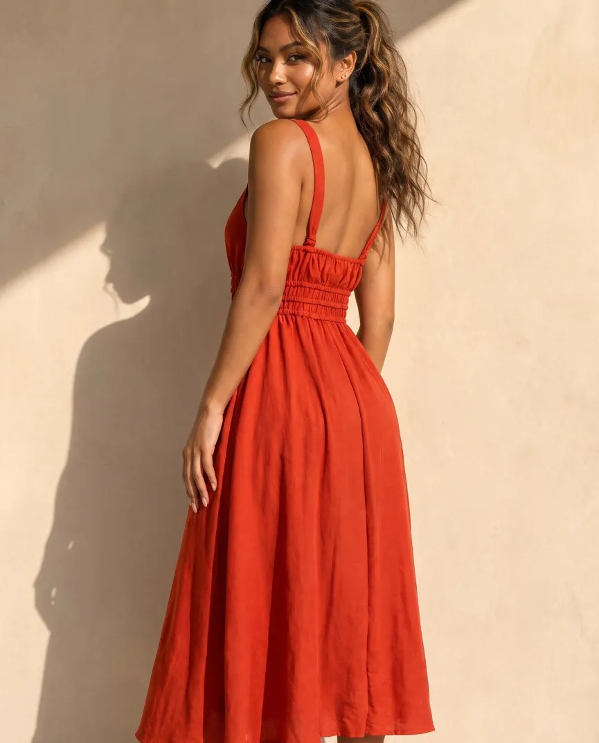 Oranje Midi Jurk met Brede Schouderbanden en Stretch Taille