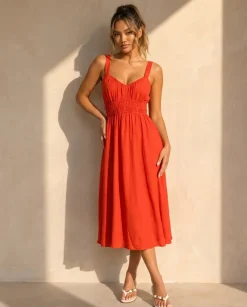 Oranje Midi Jurk met Brede Schouderbanden en Stretch Taille