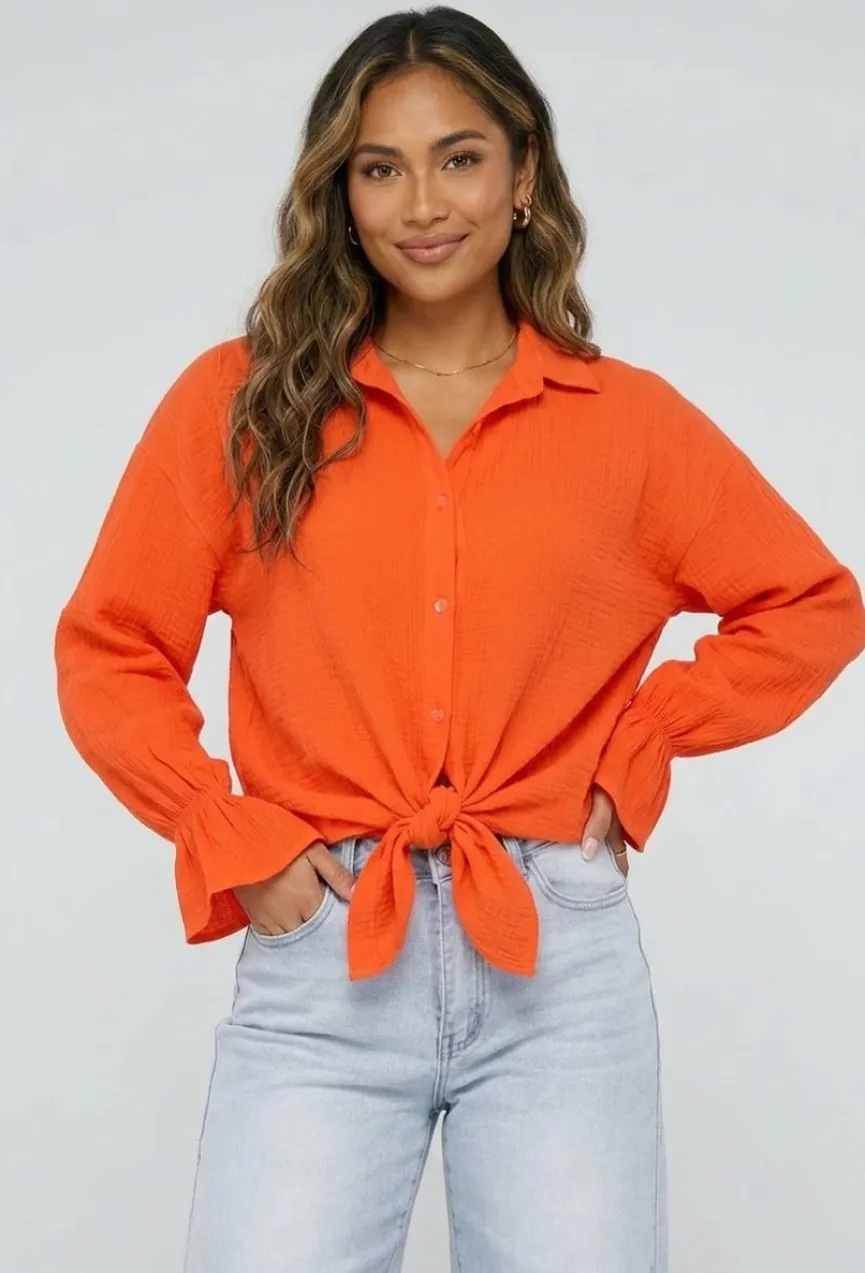 Oranje Mousseline Blouse met Trompetmouwen