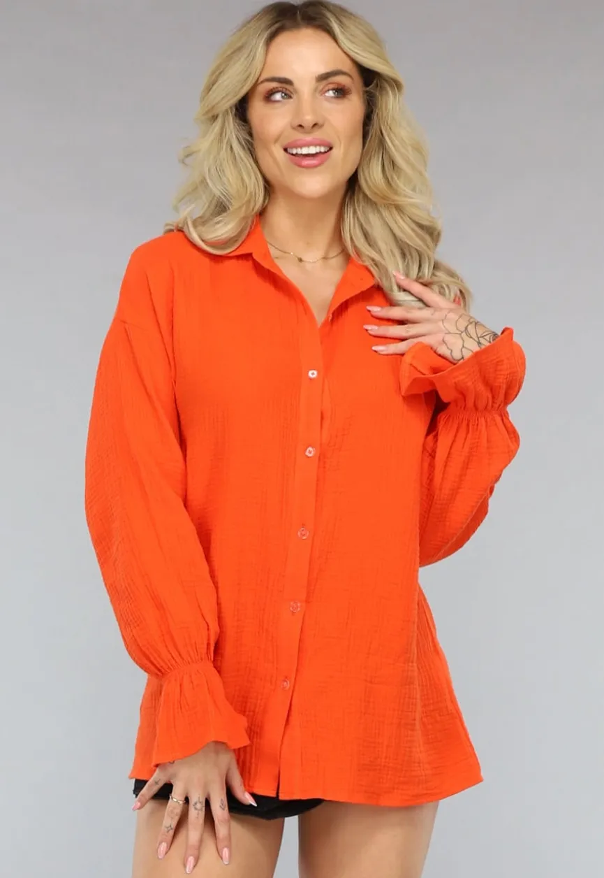 Oranje Mousseline Blouse met Trompetmouwen