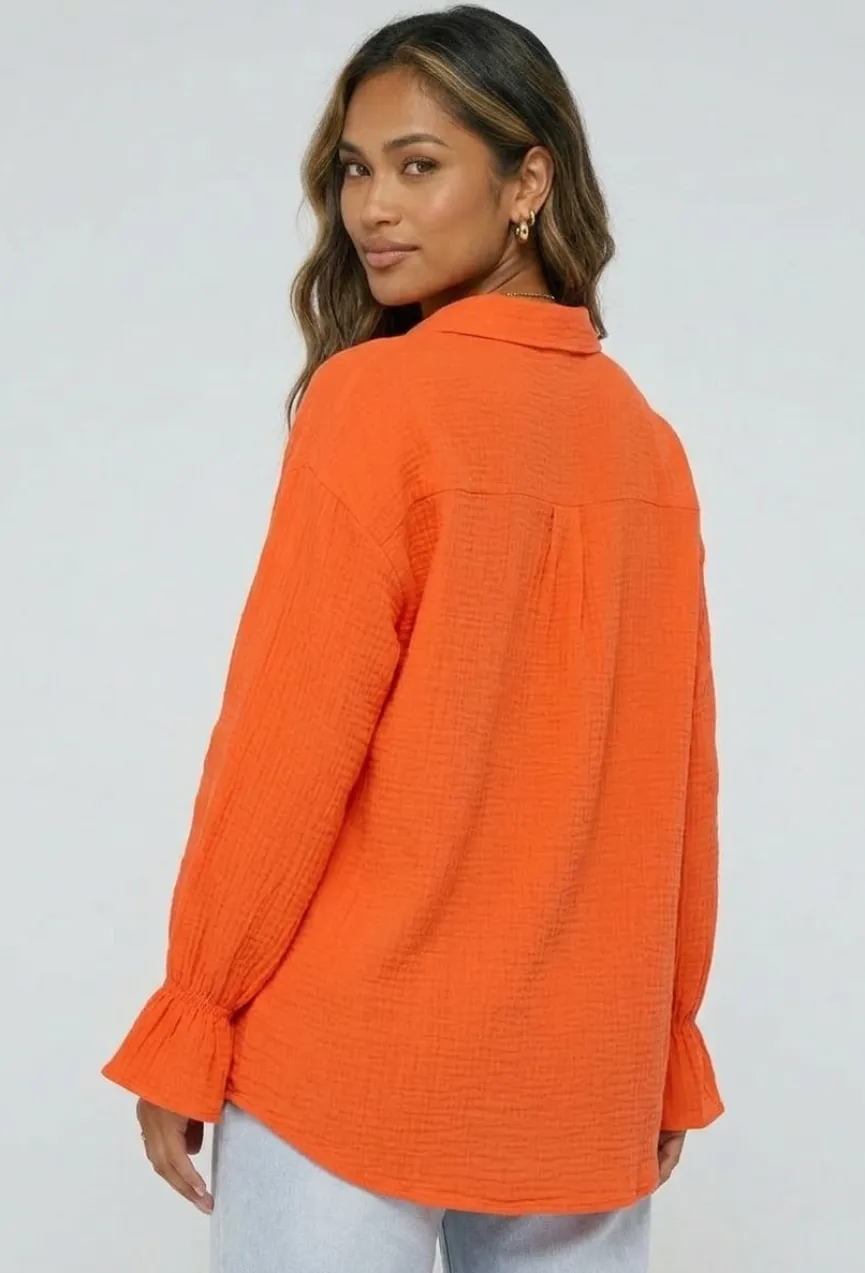 Oranje Mousseline Blouse met Trompetmouwen