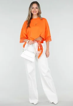 Oranje Oversized T-Shirt met Borduursel en Kanten Mouwen