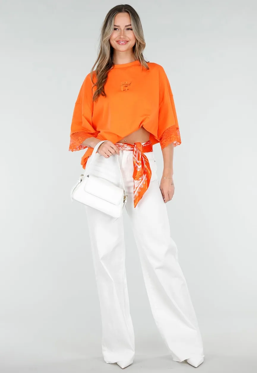 Oranje Oversized T-Shirt met Borduursel en Kanten Mouwen
