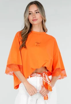 Oranje Oversized T-Shirt met Borduursel en Kanten Mouwen