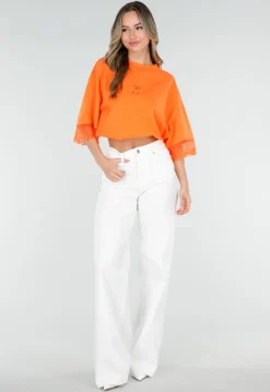 Oranje Oversized T-Shirt met Borduursel en Kanten Mouwen