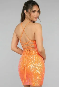 Oranje Pailletten Bodycon Jurk met Veterdetail