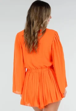 Oranje Playsuit met Lange Mouwen, V Hals en Geplooide Onderkant