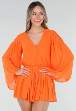 Oranje Playsuit met Lange Mouwen, V Hals en Geplooide Onderkant