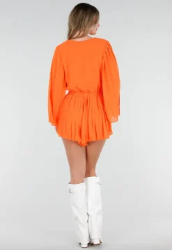 Oranje Playsuit met Lange Mouwen, V Hals en Geplooide Onderkant