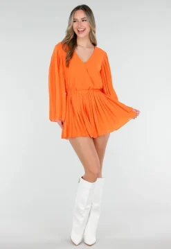 Oranje Playsuit met Lange Mouwen, V Hals en Geplooide Onderkant
