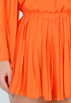 Oranje Playsuit met Lange Mouwen, V Hals en Geplooide Onderkant