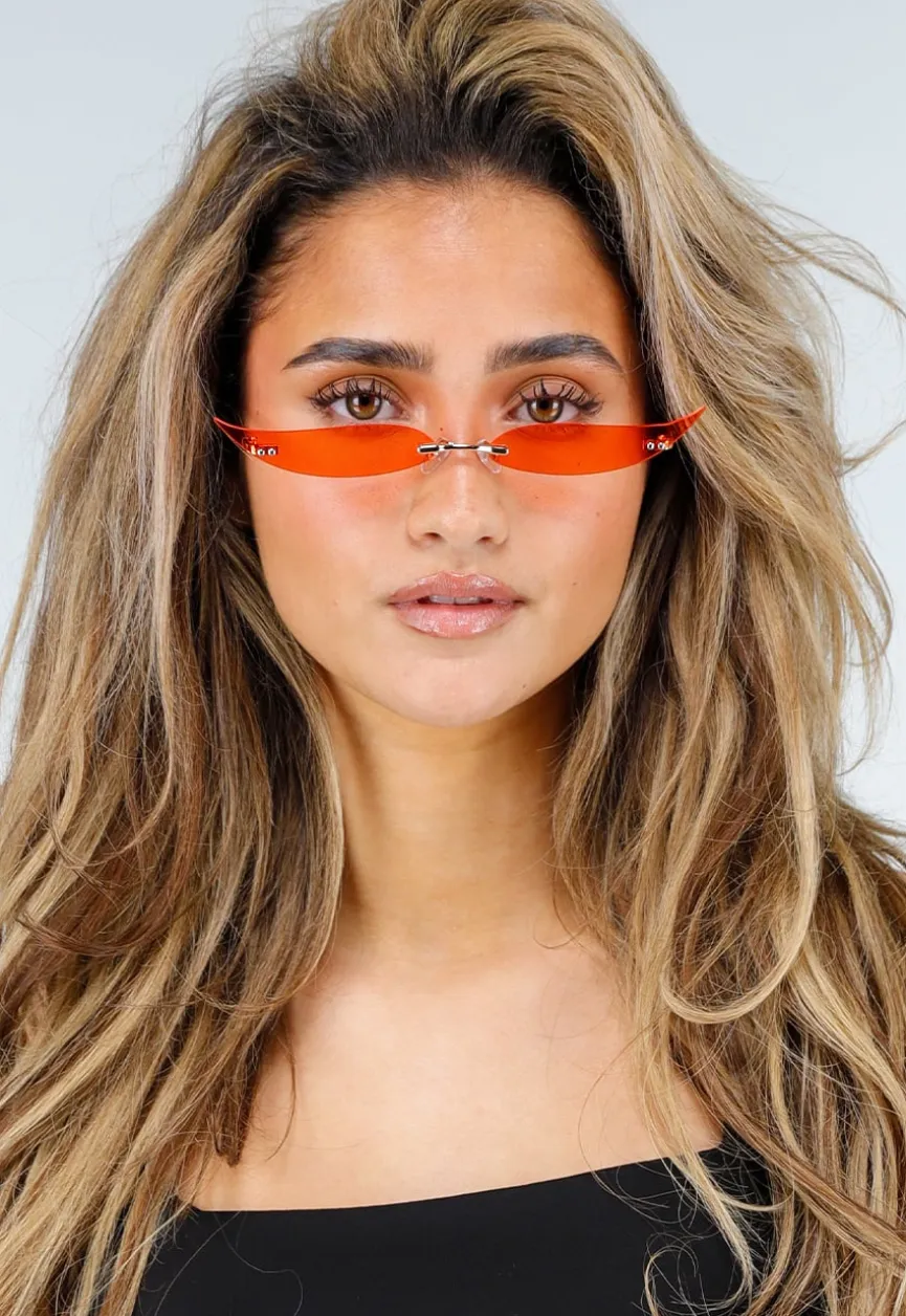 Oranje Randloze Cat Eye Zonnebril met Smalle Getinte Glazen
