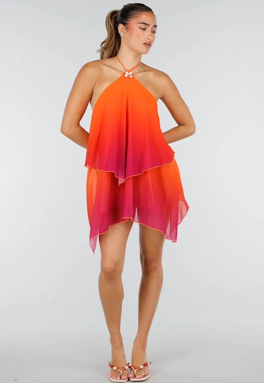 Oranje Roze Ombre Halter Jurk met Open Rug