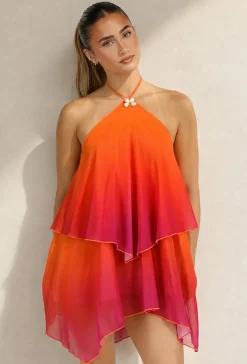 Oranje Roze Ombre Halter Jurk met Open Rug