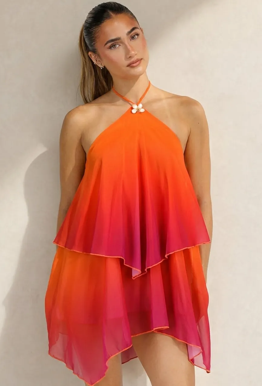 Oranje Roze Ombre Halter Jurk met Open Rug
