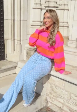 Oranje/Roze Trui met Horizontale Strepen