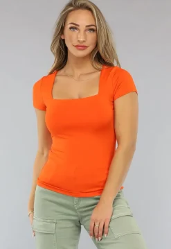 Oranje Shortsleeve Top met Vierkante Hals