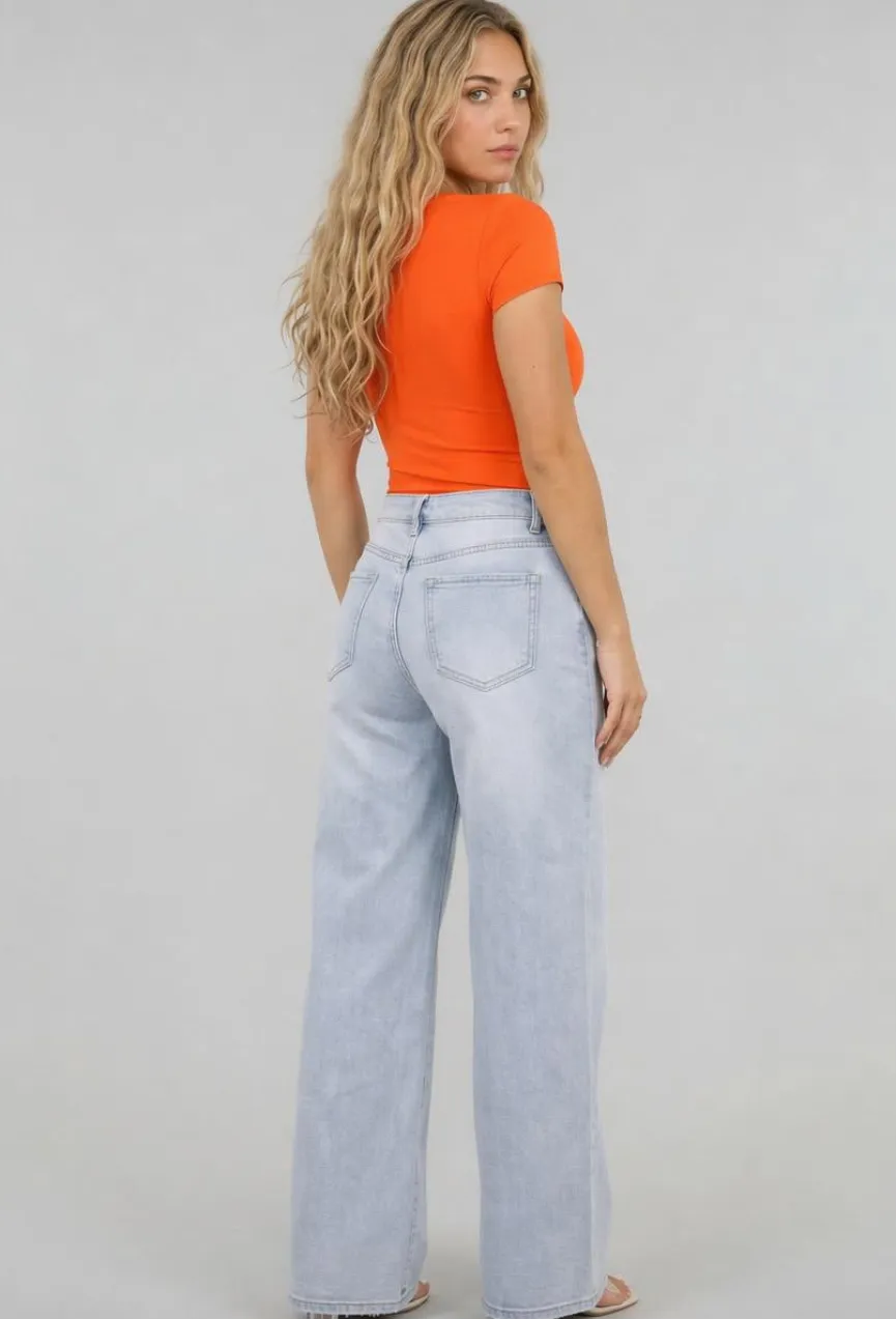 Oranje Shortsleeve Top met Vierkante Hals