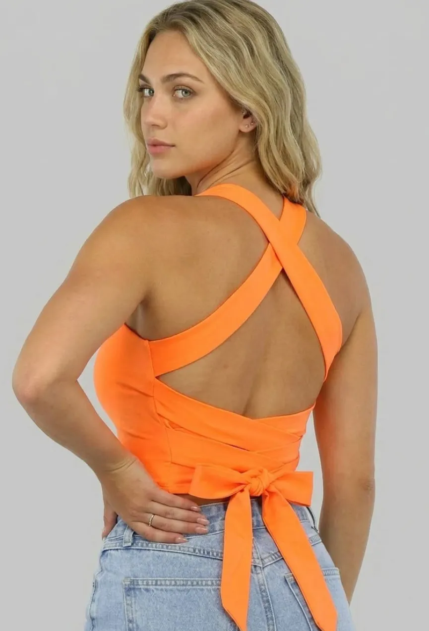 Oranje Sporttop met Vierkante Hals en Strikdetail