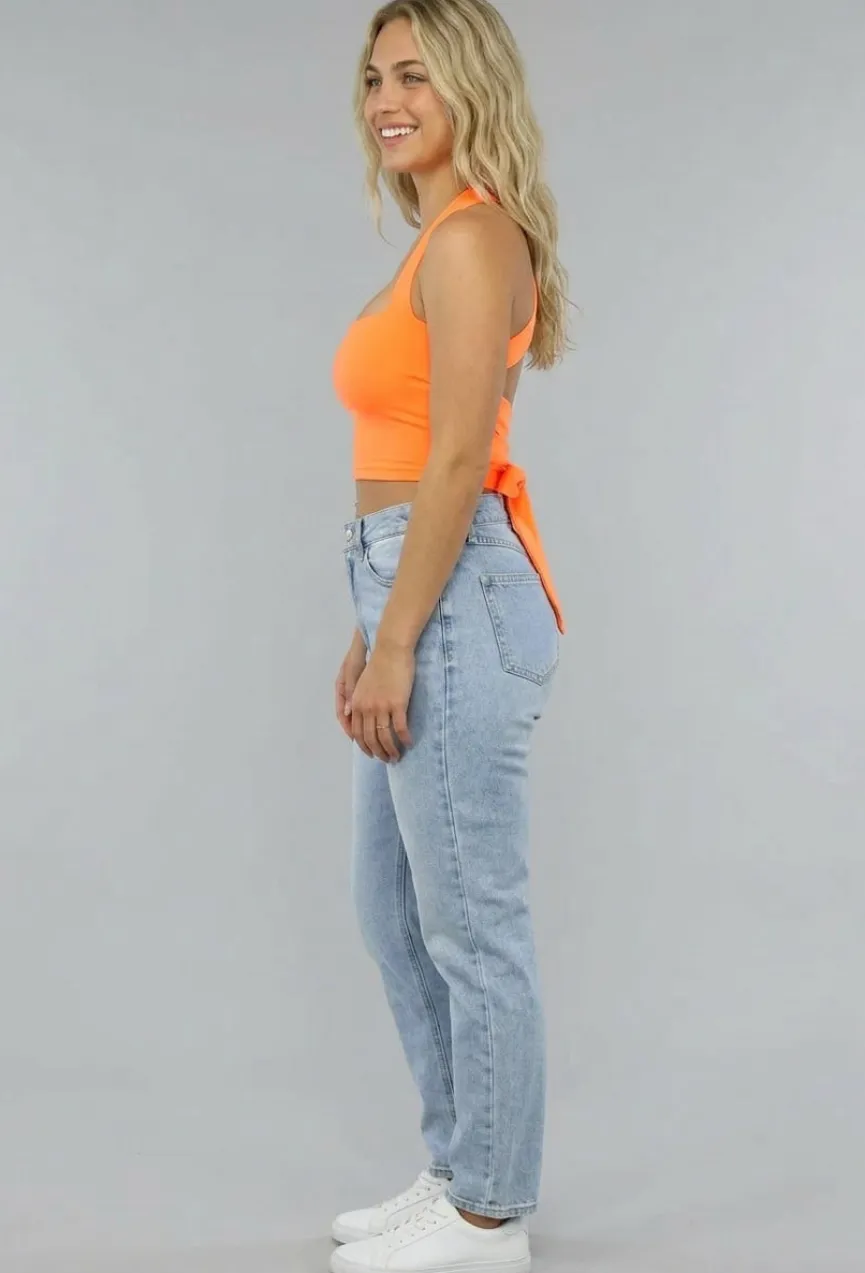 Oranje Sporttop met Vierkante Hals en Strikdetail