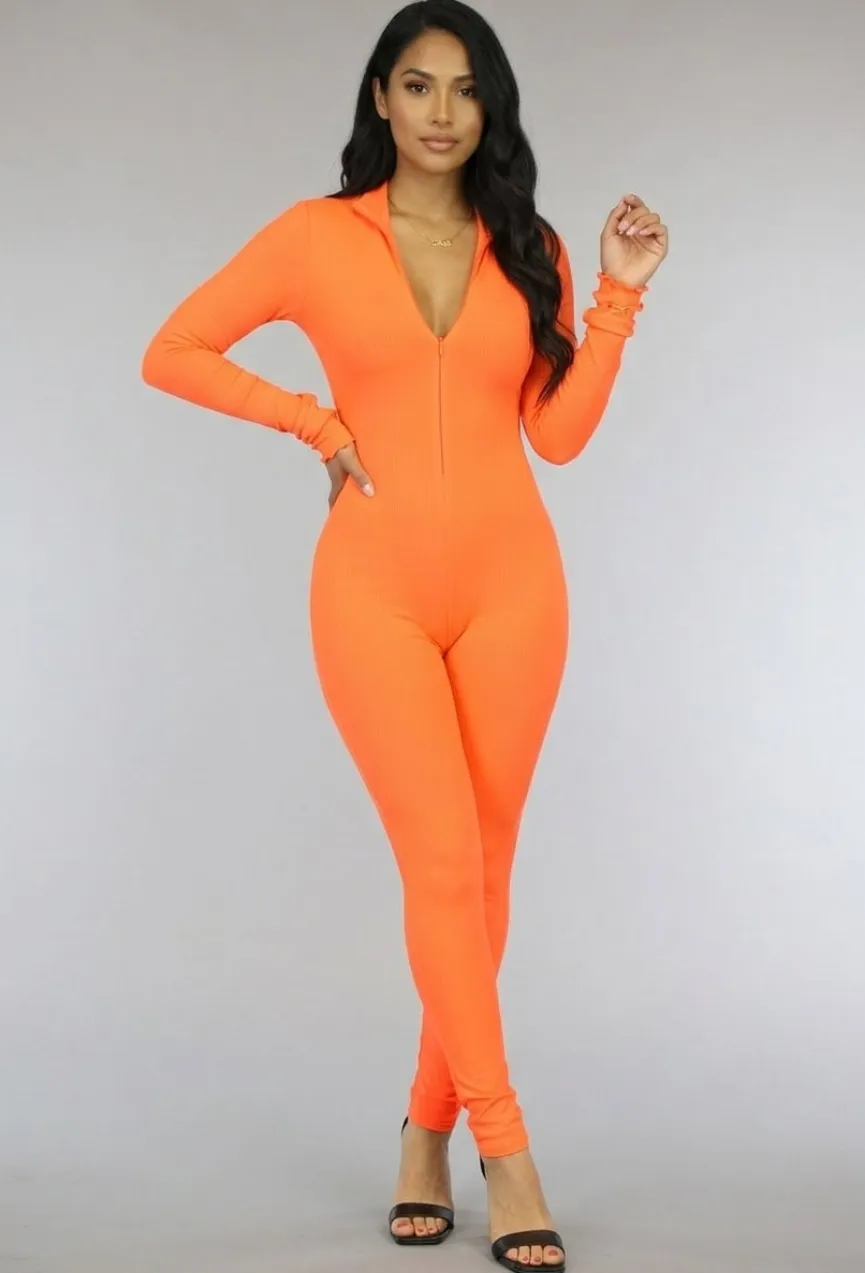 Oranje Stretch Rib Jumpsuit met Rits