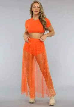Oranje Three Piece Set met Parel Rok