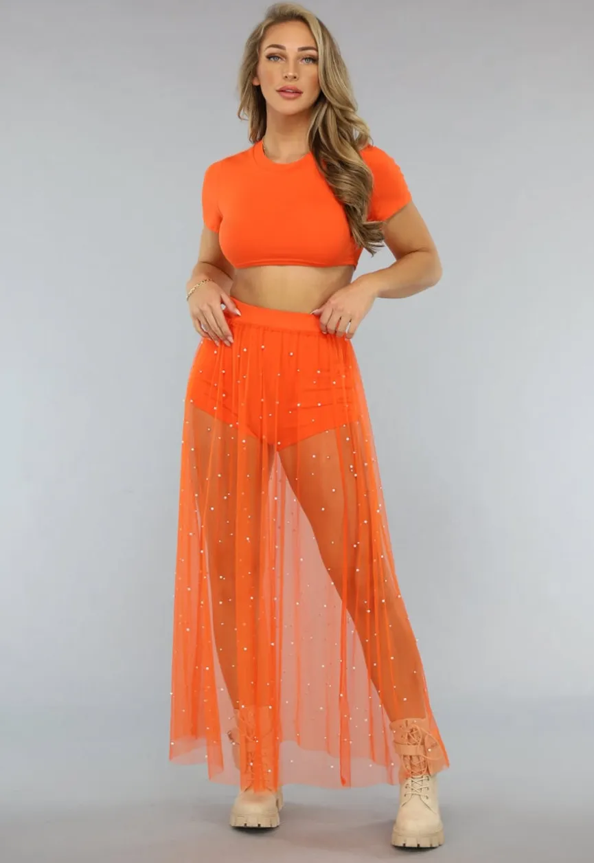 Oranje Three Piece Set met Parel Rok
