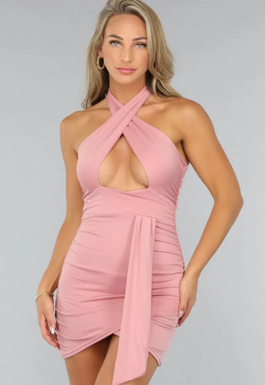 Oudroze Halter Jurk met Cutout