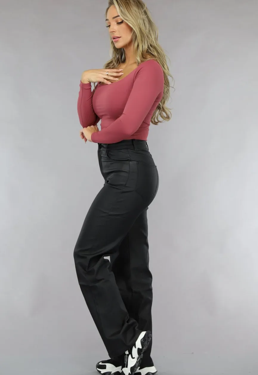 Oudroze Longsleeve Top met Vierkante Hals