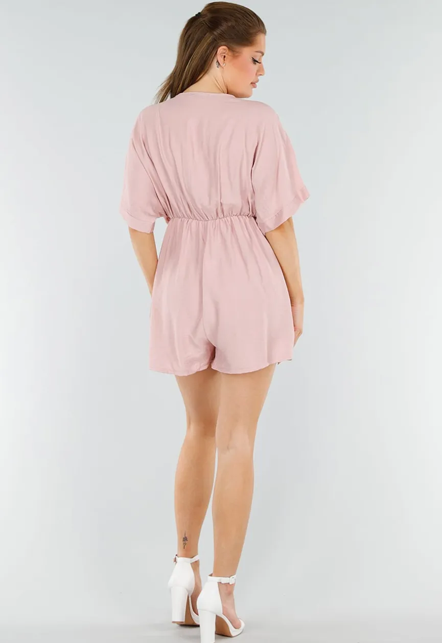 Oudroze Playsuit met Linnenlook en Overslag V-Hals