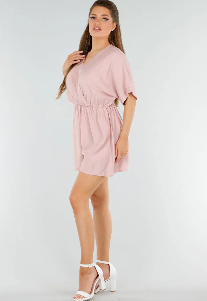 Oudroze Playsuit met Linnenlook en Overslag V-Hals