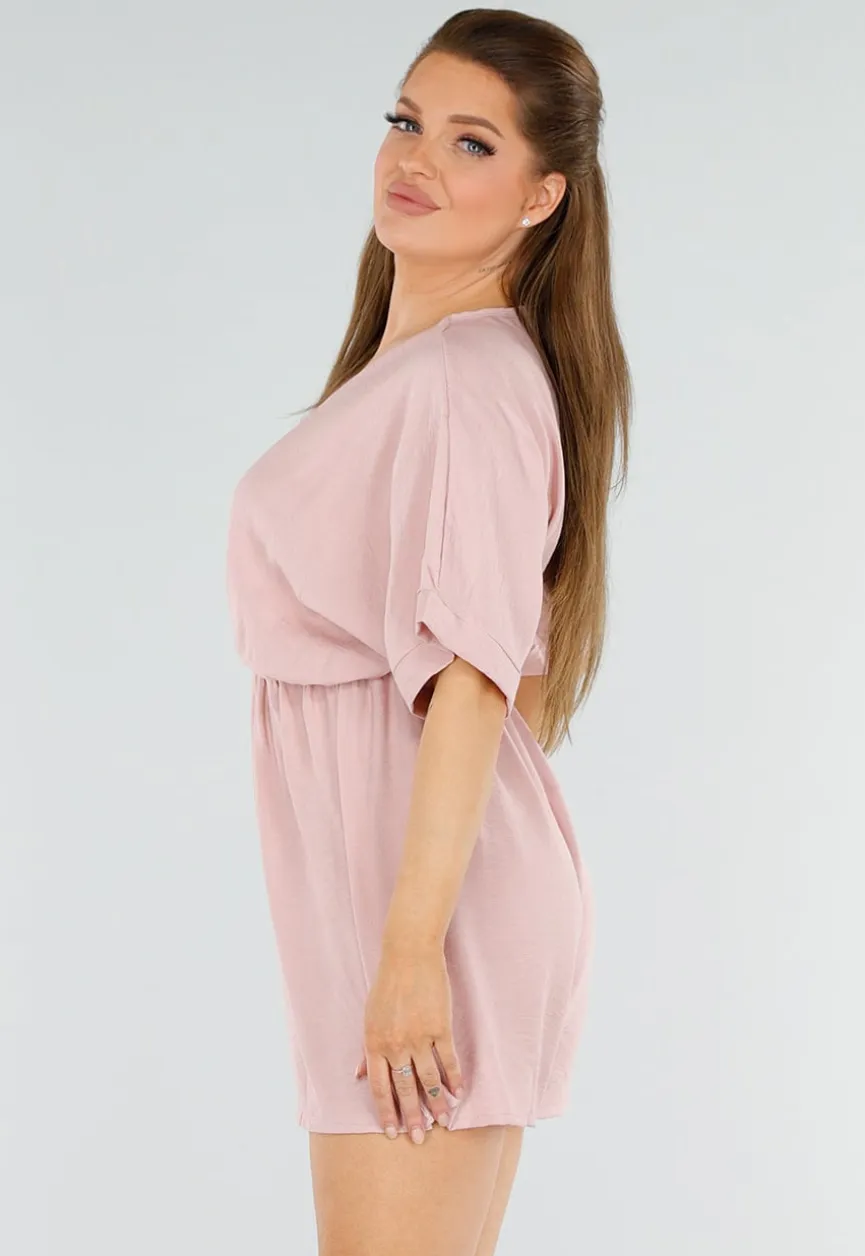 Oudroze Playsuit met Linnenlook en Overslag V-Hals