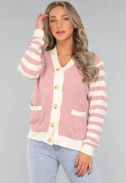 Oudroze Vest met Gestreepte Mouwen
