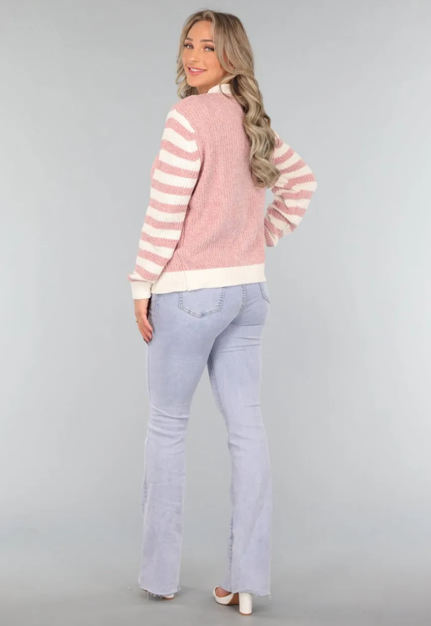 Oudroze Vest met Gestreepte Mouwen
