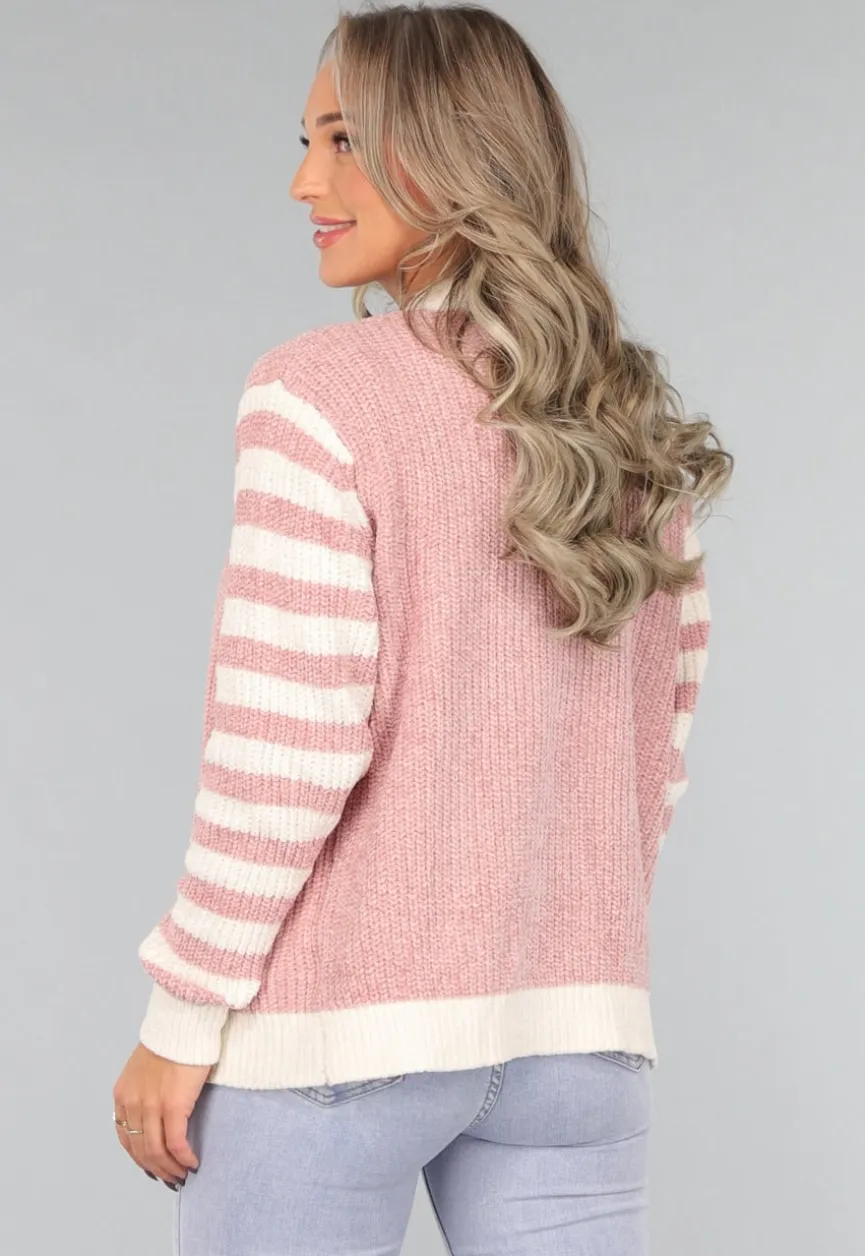 Oudroze Vest met Gestreepte Mouwen