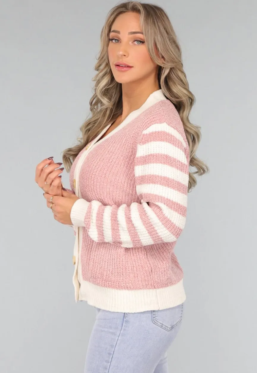 Oudroze Vest met Gestreepte Mouwen