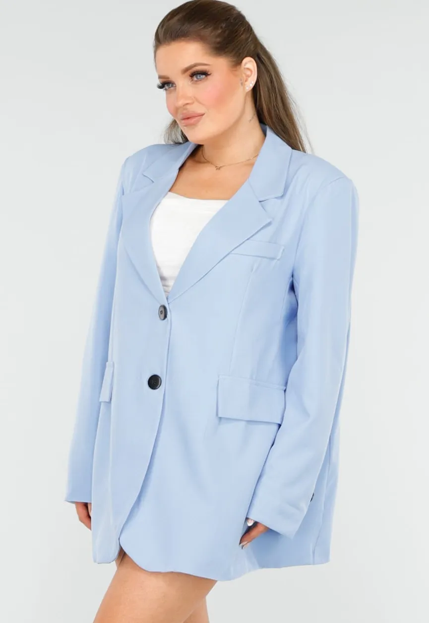 Oversized Lichtblauwe Blazer met Sierzakken en Zwarte Knopen