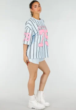 Oversized Lichtblauw Jersey Shirt met Roze Print en Strepen