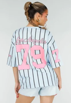 Oversized Lichtblauw Jersey Shirt met Roze Print en Strepen