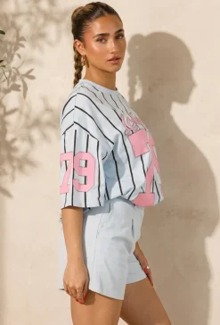 Oversized Lichtblauw Jersey Shirt met Roze Print en Strepen